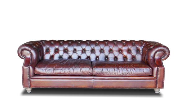 Sofa fixa 3 locuri piele maro inchis vintage Chesterfield