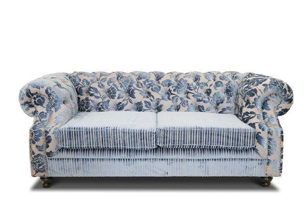 Sofa fixa 2 locuri gri/albastru Chesterfield Short