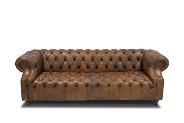 Sofa fixa 3 locuri piele maro deschis vintage Chesterfield
