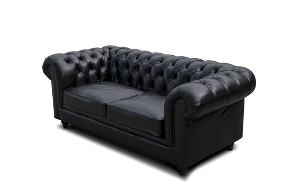 Sofa fixa 2 locuri piele vintage black Chesterfield Short