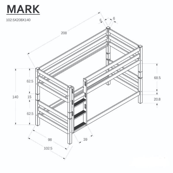 Pat copii supraetajat 90 x 200 cm cu 2 sertare alb Mark