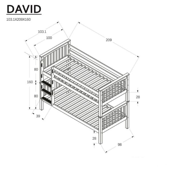 	Pat supraetajat dublu 90 x 200 cm cu 2 sertare fag natur David
