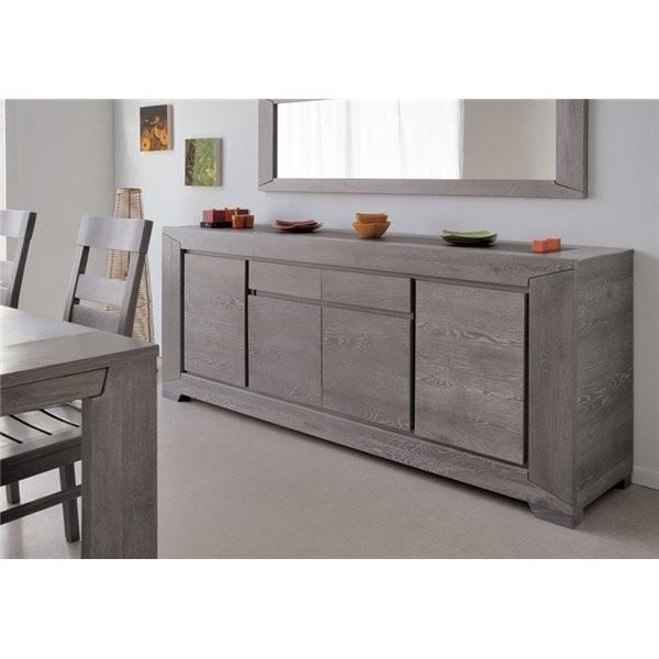 Bufet 2 sertare, 4 usi, lemn fag, PAL, MDF, furnir stejar, gri, Titan