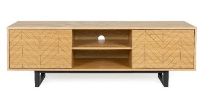 Comoda TV, lemn masiv, PAL, furnir, decor Herringbone, stejar, Ramden