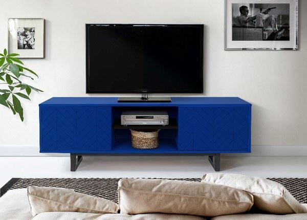 Comoda TV, lemn masiv, PAL, decor Herringbone, albastru, Ramden