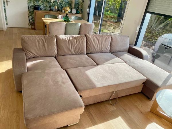 Coltar extensibil forma U, catifea, taupe, Rod