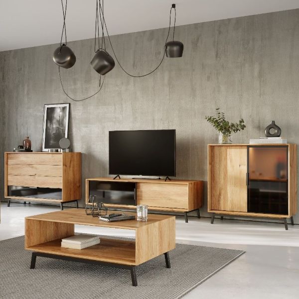 Comoda TV 120 cm cu 1 usa lemn si 1 usa sticla stejar natur Loft