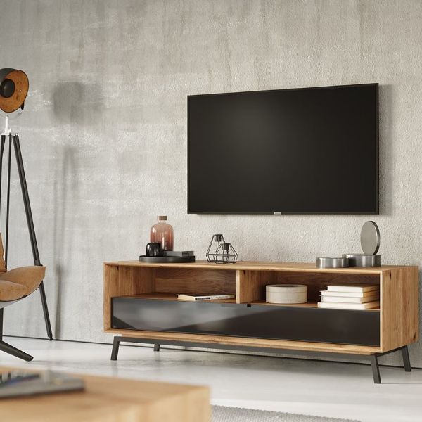 Comoda TV 120 cm cu 1 sertar sticla si 2 nise stejar natur Loft