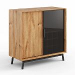 Bufet cu 1 usa lemn si 1 usa sticla cu raft vinuri stejar natur Loft