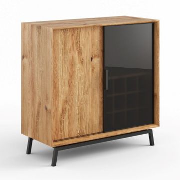 Bufet cu 1 usa lemn si 1 usa sticla cu raft vinuri stejar natur Loft