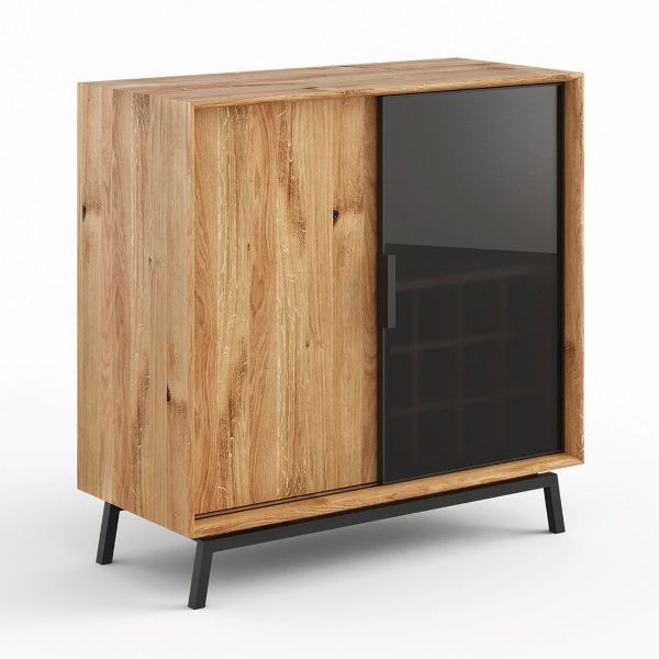 Bufet cu 1 usa lemn si 1 usa sticla cu raft vinuri stejar natur Loft