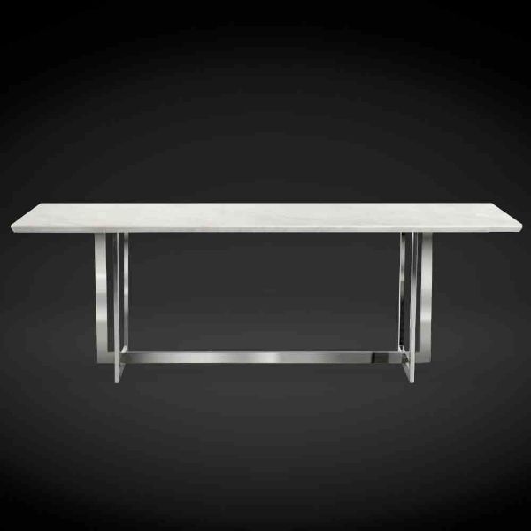 Masa dining 220 cm cu blat alb de marmura, picioare de metal finisat argintiu, Marble