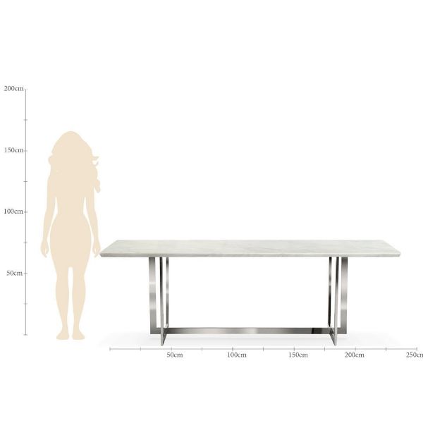 Masa dining 220 cm cu blat alb de marmura, picioare de metal finisat argintiu, Marble