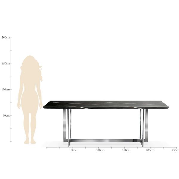 Masa dining 180 cm cu blat negru de marmura, picioare de metal finisat argintiu Marble
