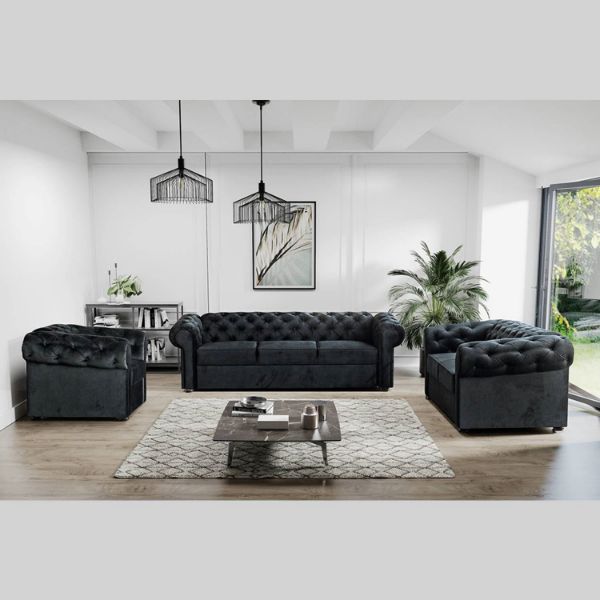 Canapea fixa 3 locuri, picioare lemn, textil negru, Valentino
