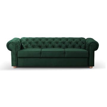 Canapea fixa 3 locuri, picioare lemn, catifea verde, Valentino