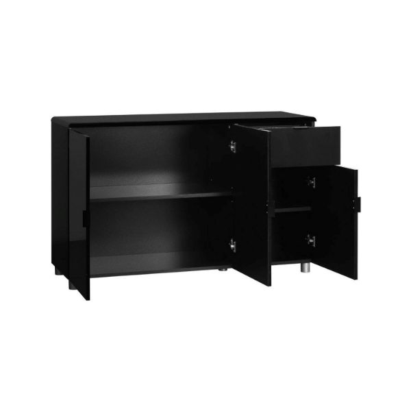 Bufet 3 usi, 1 sertar, PAL melaminat, MDF, negru lucios, Easy