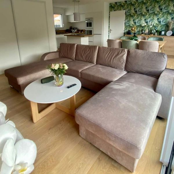 	Coltar extensibil forma U, catifea, taupe, Rod