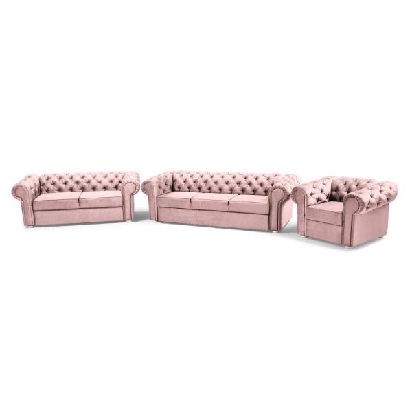 Set cu 1 canapea extensibila, 1 canapea fixa si 1 fotoliu roz Valentino