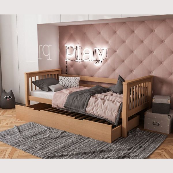 Pat 90 x 200 cm din lemn de fag natur cu sertar Lea