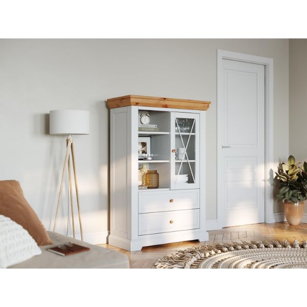 Bufet inalt 1 usa 2 sertare lemn masiv alb/natur Marone