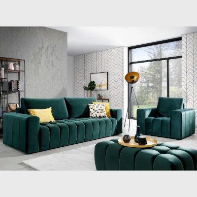 Set canapea extensibila, fotoliu si taburet verde inchis Lazio
