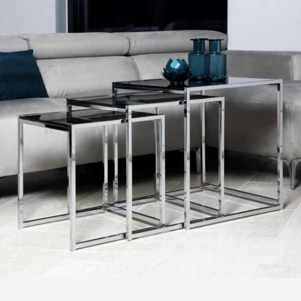 Set 3 masute cafea patrate negru/crom argintiu Cross