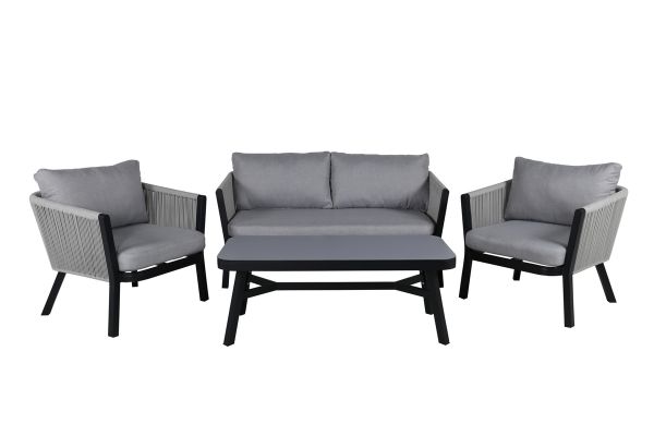 Imagine Setul de lounge Virya (3+2+1) NEGRO cu aluminiu / Gri cu corzi / perne gri