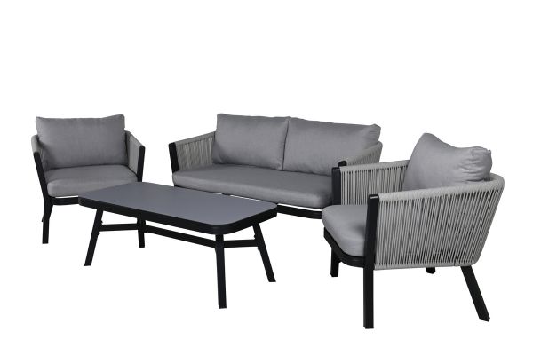 Imagine Setul de lounge Virya (3+2+1) NEGRO cu aluminiu / Gri cu corzi / perne gri