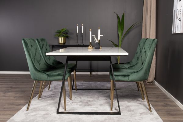 Imagine Masa de dining Estelle 140*90 - Marmură albă / Picioare negre - Scaun Velvet Deluxe - Verde mușchi / Picioare de aramă mată 4