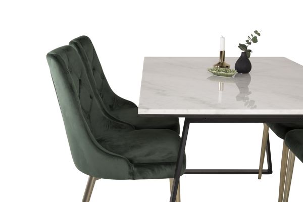 Imagine Masa de dining Estelle 140*90 - Marmură albă / Picioare negre - Scaun Velvet Deluxe - Verde mușchi / Picioare de aramă mată 4