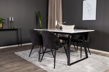 Imagine Masa de dining Estelle 140*90 - Marmură albă / Picioare negre - Scaun de dining Velvet - Negru / Negru 4