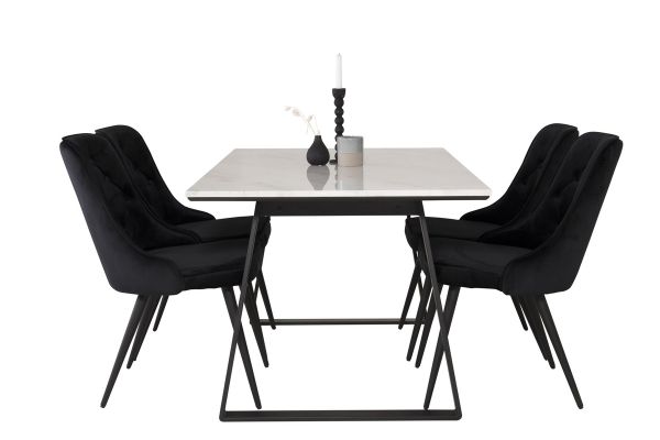 Imagine Masa de dining Estelle 140*90 - Marmură albă / Picioare negre - Scaun de dining Velvet Deluxe - Picioare negre / Catifea neagră 4