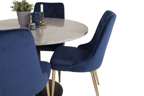 Imagine Masa de dining Razzia 106cm -Terazzo Gri / Negru - scaun Deluxe Velvet - Albastru / Piciori din alamă mată 4