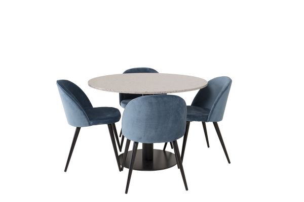 Imagine Razzia Dining Table 106cm - Grey Terazzo / Black+Velvet Dining Chair - Black / Blue