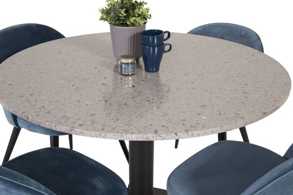 Imagine Razzia Dining Table 106cm - Grey Terazzo / Black+Velvet Dining Chair - Black / Blue