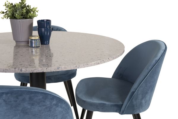 Imagine Razzia Dining Table 106cm - Grey Terazzo / Black+Velvet Dining Chair - Black / Blue