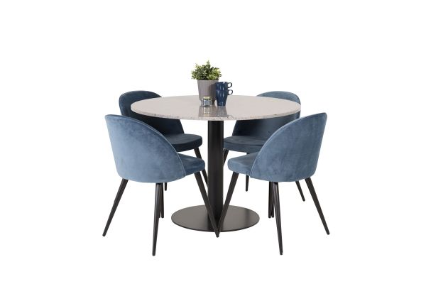 Imagine Razzia Dining Table 106cm - Grey Terazzo / Black+Velvet Dining Chair - Black / Blue