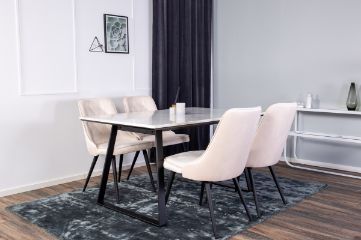 Imagine Masa de dining Estelle 140*90 - Marmura albă / Picioare negre - Scaun de dining Velvet Deluxe - Picioare negre / Catifea bej 4