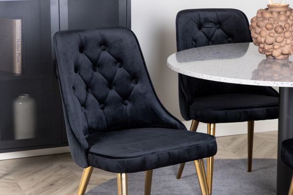 Imagine Masa de dining Razzia de 106 cm - Terazzo gri / Negru + Scaun de dining Velvet Lyx - Oțel inoxidabil mat / Catifea neagră_4