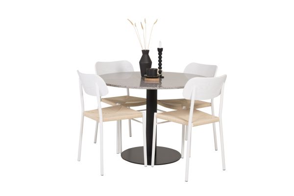 Imagine Masa de Dining Razzia de 106 cm - Gri Terazzo / Negru + 4 Scaune de Dining Polly - Alb / Natură