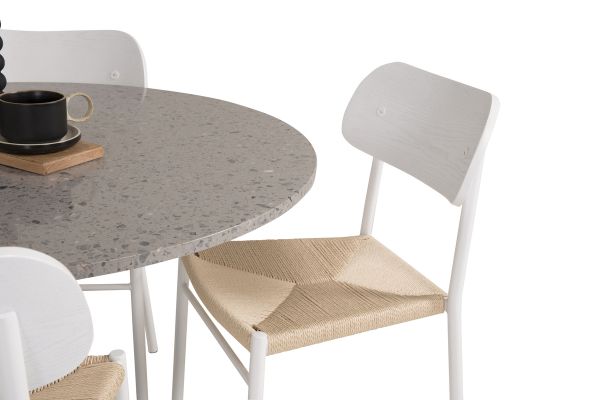 Imagine Masa de Dining Razzia de 106 cm - Gri Terazzo / Negru + 4 Scaune de Dining Polly - Alb / Natură