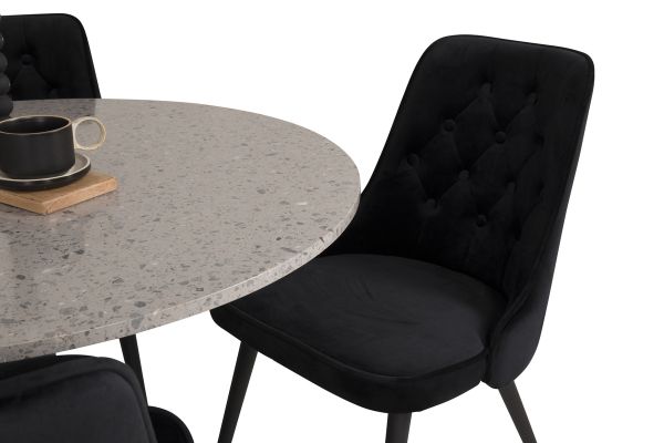 Imagine Masa de Dining Razzia 106cm - Grey Terazzo / Negru - Scaun de Dining Velvet Deluxe - Picioare Negre / Catifea Neagra 4