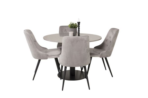 Imagine Masa de dining Razzia 106cm - Terazzo gri / Negru - Scaun de dining din catifea Deluxe - Picioare negre / Catifea gri deschis 4