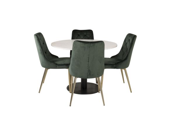 Imagine Masa de dining Razzia de 106cm - Terazzo alb / Negru - scaun Deluxe din catifea - verde muschi / picior din alama mat 4