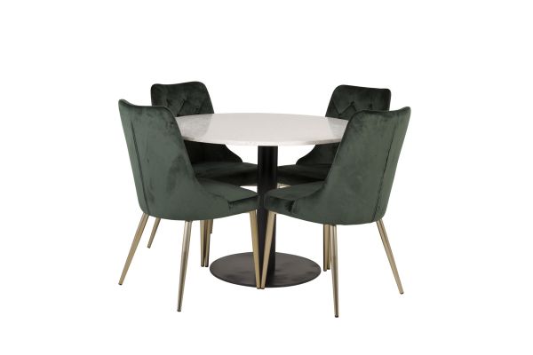 Imagine Masa de dining Razzia de 106cm - Terazzo alb / Negru - scaun Deluxe din catifea - verde muschi / picior din alama mat 4