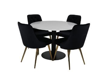 Imagine Masa de dining Razzia 106cm -Terazzo alb/negru - Scaun Velvet Deluxe - Negru/Picior din alamă mată 4