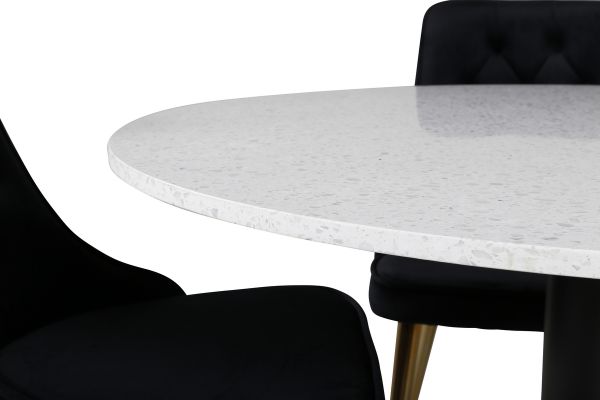 Imagine Masa de dining Razzia 106cm -Terazzo alb/negru - Scaun Velvet Deluxe - Negru/Picior din alamă mată 4