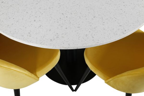 Imagine Masa de dining Razzia 106cm - terazzo alb / negru și scaun Velvet - negru / galben