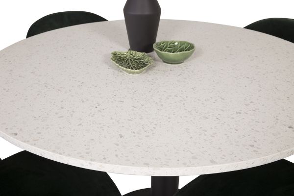 Imagine Razzia Dining Table 106cm - White Terazzo / Black+Velvet Matstol - Svart / Moss